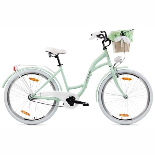Goetze Style 26 Zoll Damen Citybike, Tiefeinsteiger, 1-Gang, Rücktrittbremse, LED-Beleuchtung, Gepäckträger, Komfortsattel, Schutzbleche, Rattankorb mit Stoffeinsatz, Hollandrad für Stadt & Einkauf!