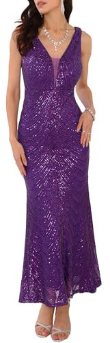 WOMLAYOUT Donna Vestito da Sera con Paillettes, Cerimonia, Scollo A V, Senza Maniche, Abito Lungo da Cocktail Viola M