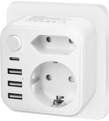 VMUTGA Doppelstecker für Steckdose, Mehrfachsteckdose Steckdosenadapter mit 3 USB A und 1 USB C Port, Mehrfachstecker für Hause, Reisen, Geschäftsreisen