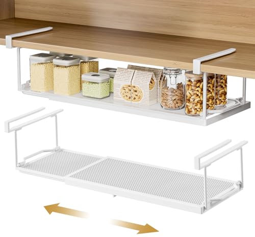 YORBAY 2 Unidades Ajustable Cesta Colgante para Debajo de la estantería, Almacenaje de Cocina bajo Balda Estante de Metal, Estante Inferior para cocinas y armarios (Blanco)