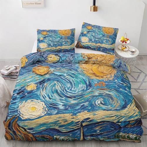 ZyxMehtic Van Gogh ölgemälde Bettwäsche 155x220 4teilig, Sternennacht Bettwäsche Set 155x220cm, Weich Mikrofaser 2 Wende Bettbezüge 135x200 mit 2 Kissenbezug 80x80cm und Reißverschluss