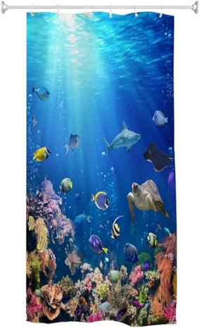 goodbath Schmaler Duschvorhang, 90 cm breit, Ozean, Unterwasserwelt, tropisch, Anti-Schimmel, wasserdichter Stoff, Badvorhänge für Badezimmer, Badewanne, 90 x 180 cm, Hellblau