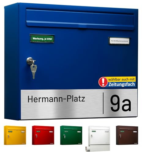 AL Briefkasten Systeme Basic-Line 1er Briefkasten personalisiert mit Namen Schild Straße und Hausnummer - Postkasten Blau modern mit Gravur wetterfest Wandbriefkasten Zaunbriefkasten