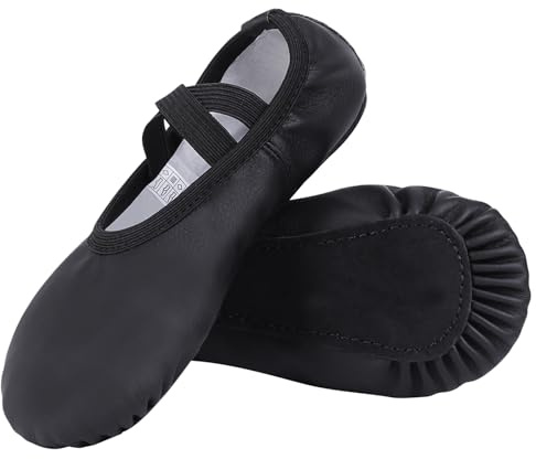 Acfoda Ballet Shoes for Girls Leather Full Sole Dance Flats with Elastic Straps Ballerina Slippers Gymnastics Yoga Kids Toddlers Black 12.5 UK Child