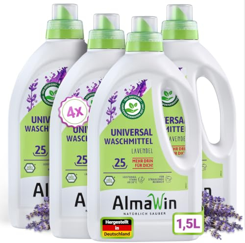 AlmaWin® Universalwaschmittel flüssig [4x 1,5 L – 100 Ladungen], enzymfrei | Universal Waschmittel & Flüssigwaschmittel für Weiß- & Buntwäsche, 30–95 °C, Lavendelduft, Maschinen- & Handwäsche, vegan