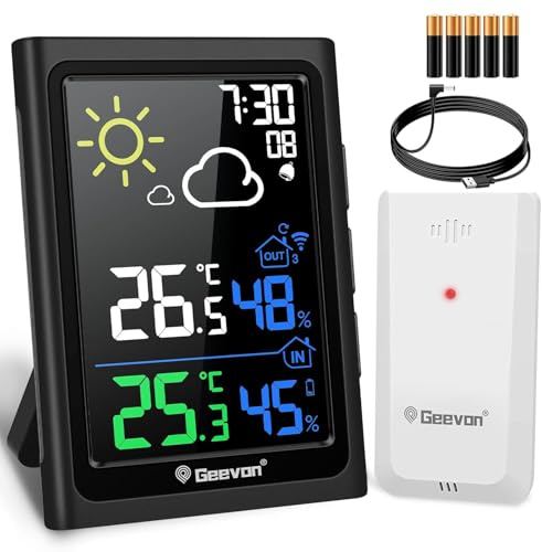 Geevon Weather Station Wireless with Outdoor Sensor, Digital Thermometer | Indoor Outdoor Thermometer Hygrometer with Weather Forecast, Alarm, Max/Min Record (246278 VA Battetries No MSF)