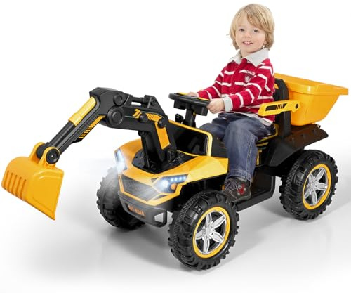 Elektrobagger Aufsitzbagger mit Fernbedienung, Flexiblem Grabarm, LED-Licht, Musik, Bluetooth-Funktion, Geeignet für Kinder ab 3 Jahren (Gelb)