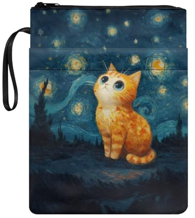 Poceacles 27,9 x 21,6 cm Buchschutz-Hülle, Reißverschluss-Buchtasche mit extra Tasche für Buchliebhaber, Studenten, Lehrer, Katze, Sternennacht, schönes Tiermuster