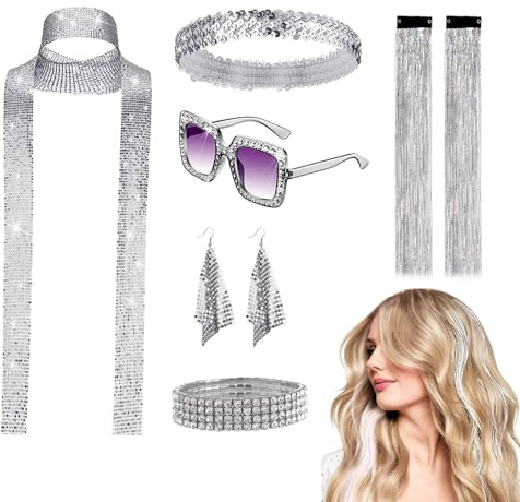 ChunDA 7 Stück 70er 80er Jahre Disco Zubehör Accessoires, 70er Jahre Outfit Damen Glitzer, Disco Outfit Damen mit Pailletten Schal Ohrringe Sonnenbrille Armband Haarverlängerung Haarband (Silber)
