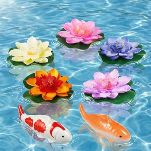 Willinglong 2 Pcs Ceramic Floating Koi Fish 5 Pcs Artificial Foam Lotus Flower with Water Lily Floating Fake Fish Goldfish Koi Decor for Pond Fountain Birdbath Fake Aquarium Decor