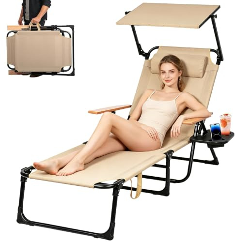 Cozykimo Sonnenliege Klappbar mit Dach, Gartenliege Klappbar Liegestuhl Verstellbarer Rückenlehne, mit Holzarmlehnen, Campingliege Faltbar, für Balkon, Terrasse, Camping, Strandliege Leicht (Beige)