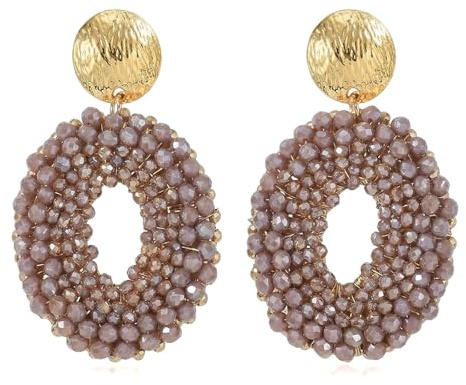 XFSRG Boho Ohrringe Hängend für Damen Handgewebter Kristall Ohrring Runde Reisperlen Ohrringe Eleganter Hingucker Frauen Modischer Schmuck