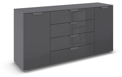 Rauch Möbel ADITIO, Kommode, Farbe Grau metallic/Glas Basalt, Breite 160 cm | Sideboard im modernen Look, 2-türig, 4 Schubladen, Glasfront, Soft-Close, für Schlafzimmer, Gästezimmer, Wohnzimmer, Flur