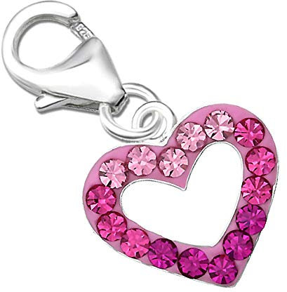 FANTASTIC NAILS COSMETIC COLLECTIONS Damen Herz Charm Anhänger für Armbänder echt 925 Sterling Silber mit Zirkonia Bettelarmband Geschenk Idee Karabiner Pink K486o +V2