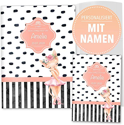 OLGS U-Heft- und Impfpasshüllen 3-teilig Set Creative Royal | Untersuchungsheft Hülle & Impfpasshülle personalisierbar mit Namen (U-Heft Set 3-teilig personalisiert, Katze Ballerina)