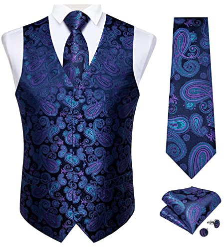 DiBanGu Herren-Manschettenknöpfe, Paisley-Anzug, Weste, Krawatte und Einstecktuch, groß und groß, 05 Blau, XXX-Large