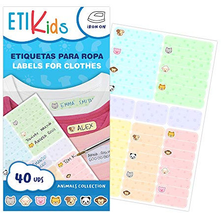 ETIKIDS 40 Etiquetas para ropa personalizables para la guardería y colegio. Pegatinas termoadhesivas con dibujos para escribir el nombre con bolígrafo resistentes a la lavadora y secadora. (Animales)