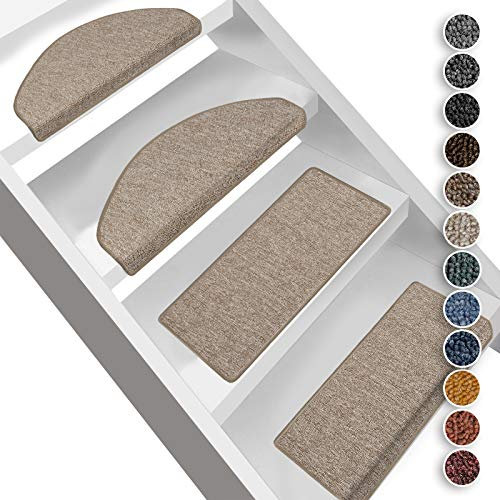 Floordirekt Stufenmatten London | Halbrund oder Eckig | Treppenmatten in 11 Farben | Strapazierfähig & pflegeleicht | Stufenteppich für Innen (Beige, Eckig 23,5 x 65 cm)