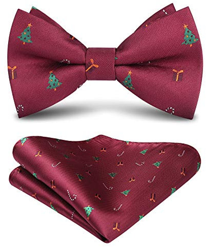 HISDERN Fliege Herren Weihnachten Vorgebunden Fliege Rot mit Einstecktuch Set Xmas Weinrot Smoking Herrenfliegen und Taschentuch für Weihnachten Zubehor