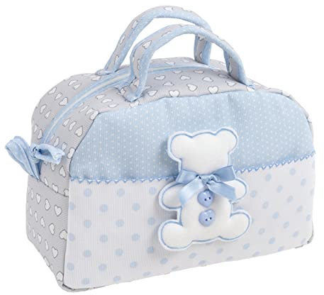FILET - Beauty Case in Cotone con Maniglie e Cerniera, con Ricamo a Forma di Orsetto, Made in Italy, Colore Grigio e Azzurro