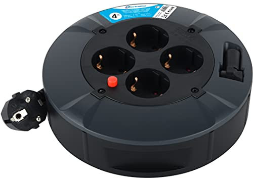Electraline 49076, Kabeltrommel 4-Fach 4M Kabel-IP20 Indoor/Kabelrolle mit 4 Schuko-Steckdosen/Kabelbox mit Verlängerungskabel/Leitungsroller mit Kurbel, Schwartz