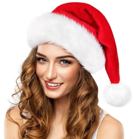 Ambandier Santa Christmas Hat for Adult, Unisex Soft Plush Classic Fur Xmas Holiday Hat, Thicken Comfortable Velvet Santa Claus for Christmas New Year Festive Theme Party Supplies