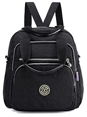 PORRASSO Casual Rucksack Damen Schultertasche Frauen Umhängetasche Nylon Handtasche Daypack für Arbeit Reisen Täglicher Gebrauch Schwarz