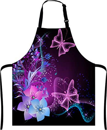 Wasach Purple Apron, Pink Purple Butterfly and Flowers Unisex Kitchen Bib with Adjustable Neck for Cooking Gardening,Adult Size