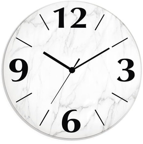 ARTLAND Wanddeko Wanduhr ohne Tickgeräusche aus Glas Funkuhr Ø 30 cm Rund Lautlos Ø 30 cm Weiße Marmor Stein Optik U1RF