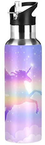 Bouteille d'eau isotherme en acier inoxydable avec couvercle à paille - Motif licorne et arc-en-ciel - Pour garçons et filles - Étanche - 600 ml