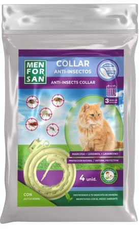MENFORSAN Packung mit 4 Anti-Insekten-Katzenhalsbändern, mit Margosa, Geraniol und Lavandino, selbstschließender Beutel