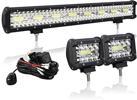 AUXTINGS 57 cm 480W LED Lichtleiste Spot Zusatzscheinwerfer Flutlicht,2x 10cm 36W Spot LED Arbeitsleuchte mit 2 Kabeln 12V Kabelbaum-Kit für JP Pickup Offroad Truck 4X4 ATV Bootsanhänger,wasserdicht
