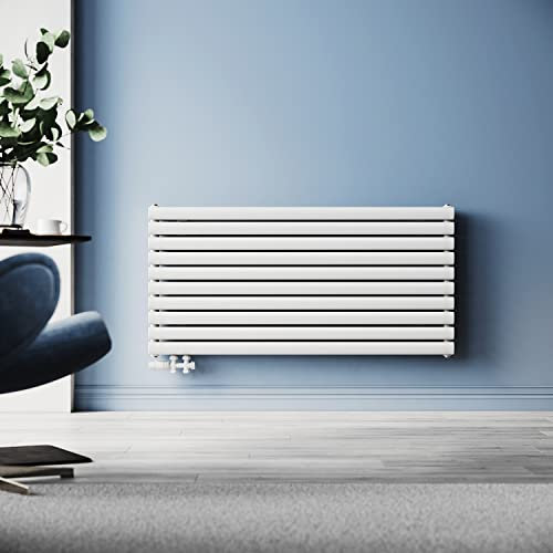 SUNXURY Design Heizkörper Röhrenheizkörper 593x1200mm Horizontal Doppellagig Heizkoerper mit Multiblock Seitenanschluss Weiß Badheizkörper