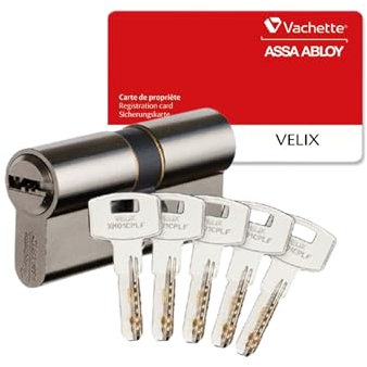 Vachette Cylindre VELIX 40x50 Double Entrée - Finition Nickelée - Résistance Bumping, Perçage et Crochetage - 5 Clés Réversibles, Carte de Propriété et Brevet Exclusif jusqu'en 2036 - Garantie 2 Ans