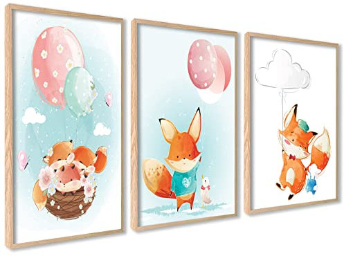 ag.art deco 3er Kinderzimmer Poster | 3 Stück 50x70cm | Wanddeko Glückliche Fuchs & Luftballons | Babyzimmer Mädchen und Junge Bilderset | ohne Rahmen