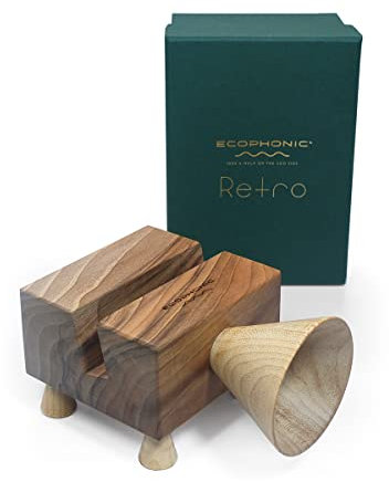 Ecophonic® Retro® Altoparlante ecologico e artigianale | Amplificatore acustico naturale | Legno massiccio | Supporto per smartphone | Prodotto in Spagna