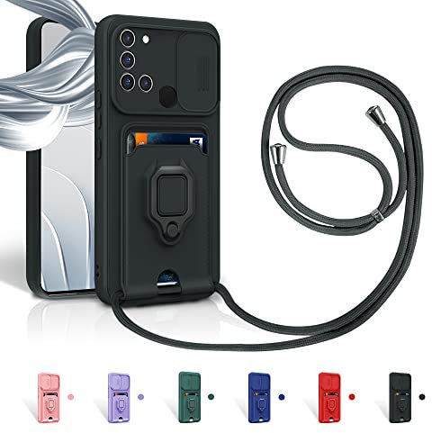 Aithne Cordon de Coque pour Samsung Galaxy A21S,Couvercle Coulissant de la Caméra+Support Annulaire à 360 Degrés,Fentes pour Cartes Lanyard Silicone Case -Noir