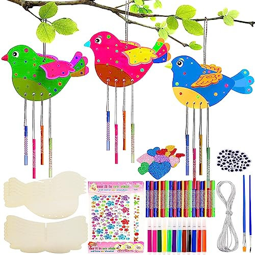 Zeuwets 3D Vogel Windspiel Bastelset Kinder, 8 Stück Vögel Basteln Holz Kunsthandwerk, Glockenspiel Bastelhandwerk, DIY Vogel Holzbastelsets Klangspiele für Frühling Geburtstag Weihnachten Geschenk