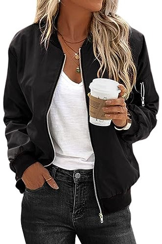Zeagoo Bomberjacke Damen Schwarz Blouson Kurze Jacke Leichte Frauen Pilotenjacke Fliegerblouson Basic Light Vintage Herbst Frühlings Sweatjacke Dünn Sommerjacke M