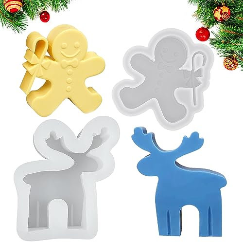 SUNSK Stampo in silicone per candele 3D a forma di alce e pan di zenzero, in silicone, decorazione natalizia fai da te, 2 pezzi