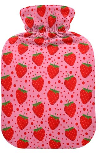 Pink Strawberry Dot Hot Water Bottle with Cover Hot Water Bottles for Pain Relief Warm Water Bag Heating Bottles for Period Cramps, 2L
