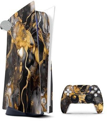 Skins4u Skin für PS5 Design Vinyl Skins Aufkleber Faceplate Sticker kompatibel mit PlayStation 5 Folie Gaming Case PS5 Cover Konsole Controller (Marmor Dark Gold, Disk Edition)