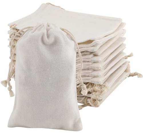 KOHAND 40 PCS White Cotton Muslin Bags, 10 x 15 cm Natural Small Fabric Bags with Drawstring, Portables Canvas Drawstring Bag for Party, Festival, Storage, Decorating