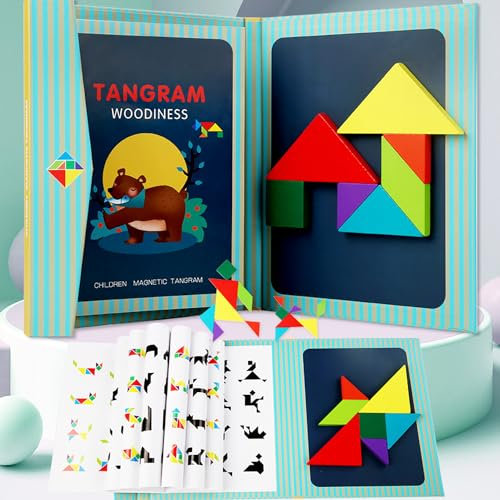 Tangram Puzzles, Travel Puzzle Games Toy for Kids, Magnetic Wood Block Jigsaw Puzzle Suitable for Children's Intellectual Exploration Growth, Perfect Montessori Educational Toy Gift for 3 Year Olds