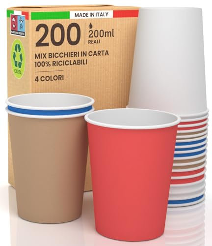 200 Bicchieri in Carta 200ml Mix Essentials Ecologici Biodegradabili Monouso, Made in Italy Asporto Bevande Calde Acqua, MIX di Colori Blu Avana Rosso Bianco - Prodotto e Confezionato in Italia