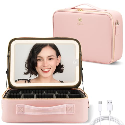 OMIRO Travel Makeup Bag with Large Light Up Mirror, Cosmetic Organiser Train Case with Adjustable Compartment, Gift for Women (Large, Pink)