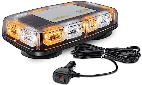 JMEST LEAD Gyrophare Magnetique LED pour Véhicule Voiture, 48W Lampe stroboscopique LED Orange 12V-24V Lampe d' Avertissement, avec 16 Flash Modes, 5m Câble Prise Allume-Cigare (Ambre& Blanc)