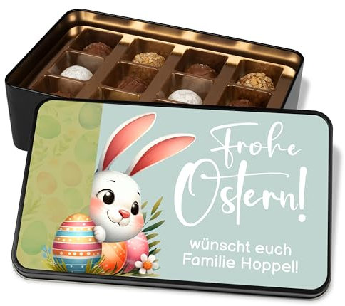 Schoko-Geschenk zu Ostern: Pralinendose personalisiert „Frohe Ostern!“ – Osterhase, Ostereier – Ostergrüße Ostergeschenke – Metalldose mit 12 Confiserie-Pralinen