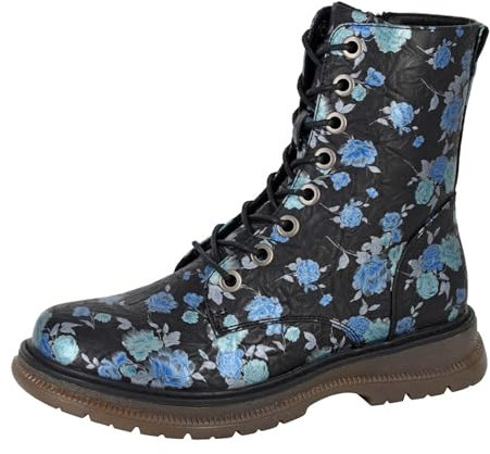 Cipriata Annetta - Botas altas para mujer, con cordones, cremallera y 8 ojales, Negro Azul Floral Mate, 36 EU