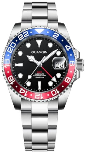 TYBERLEY GUANQIN Herren Automatik GMT Uhrwerk NH34 Edelstahl Synthetik Saphir Wasserdicht Leuchtzeiger Uhr mit Automatikaufzug